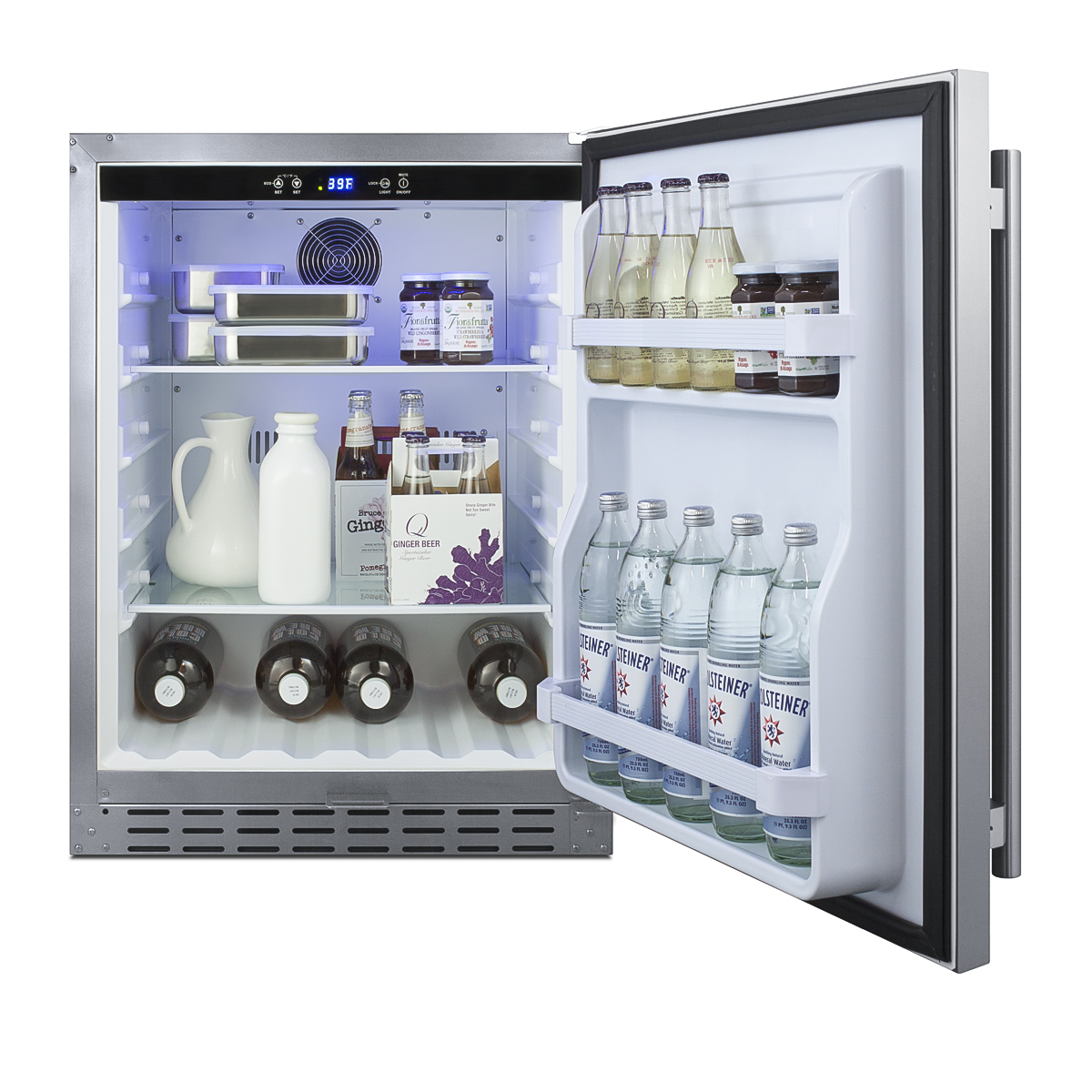 Built-in undercounter ADA-compliant all-refrigerator for outdoor use featuring a stainless steel exterior and digital controls